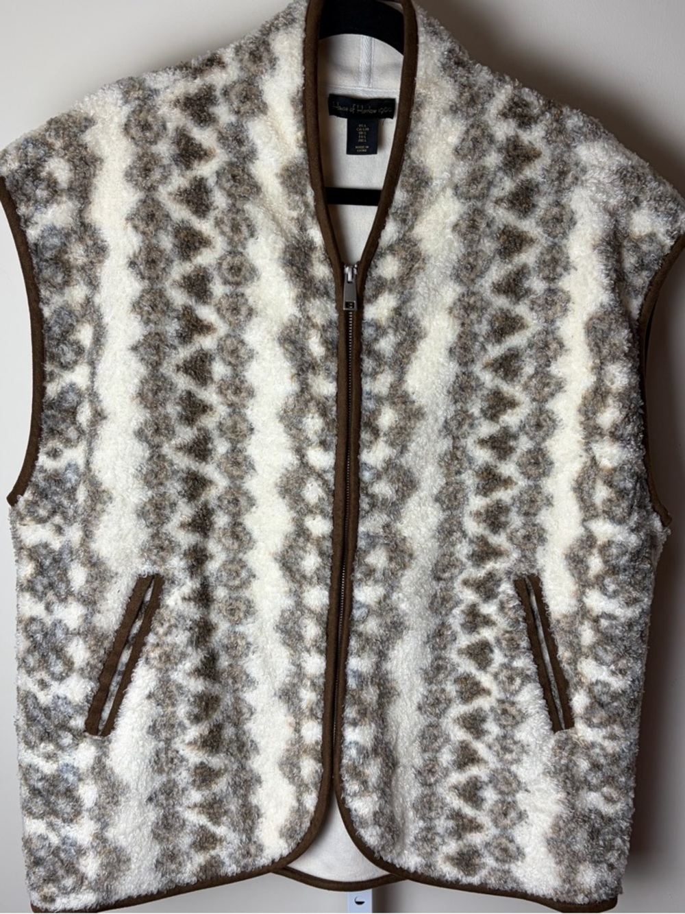 House of Harlow Teddy Sherpa Vest Oversized Cream Brown Geo Print Apres Ski Sz L